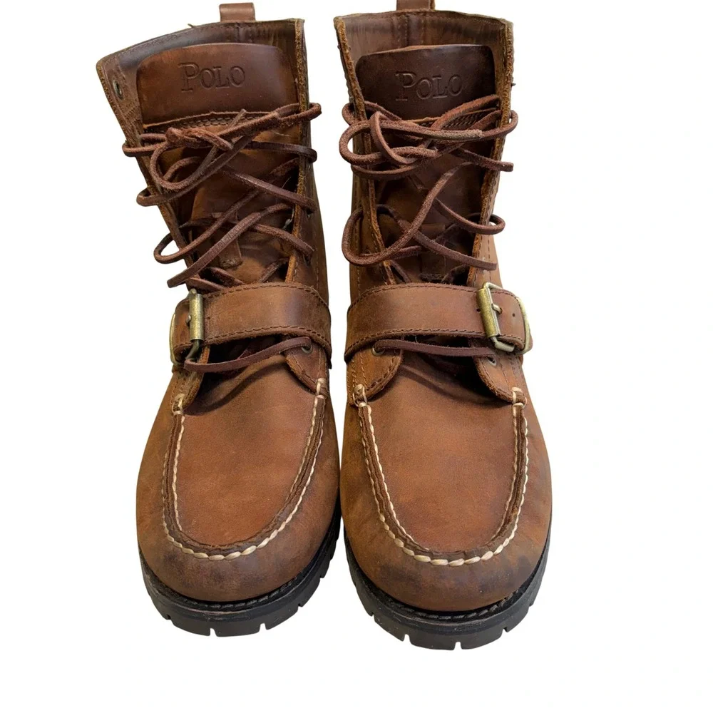 Polo Ralph Lauren Ranger Brown Leather Moc Toe Buckle Lug Sole Boots Mens 7.5 D